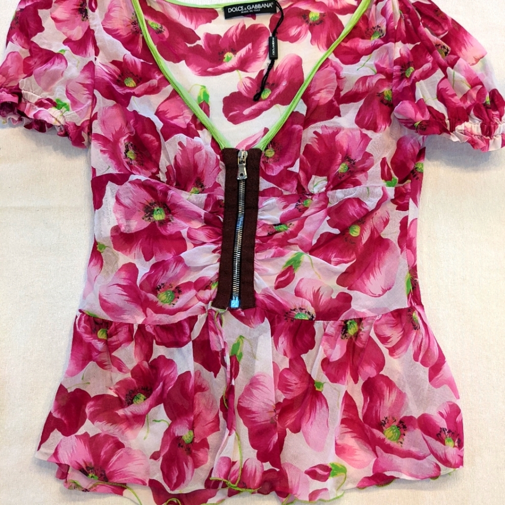 Dolce Gabbana Pink Floral Short Sleeve Sheer Silk shirt 44 IT 12 UK